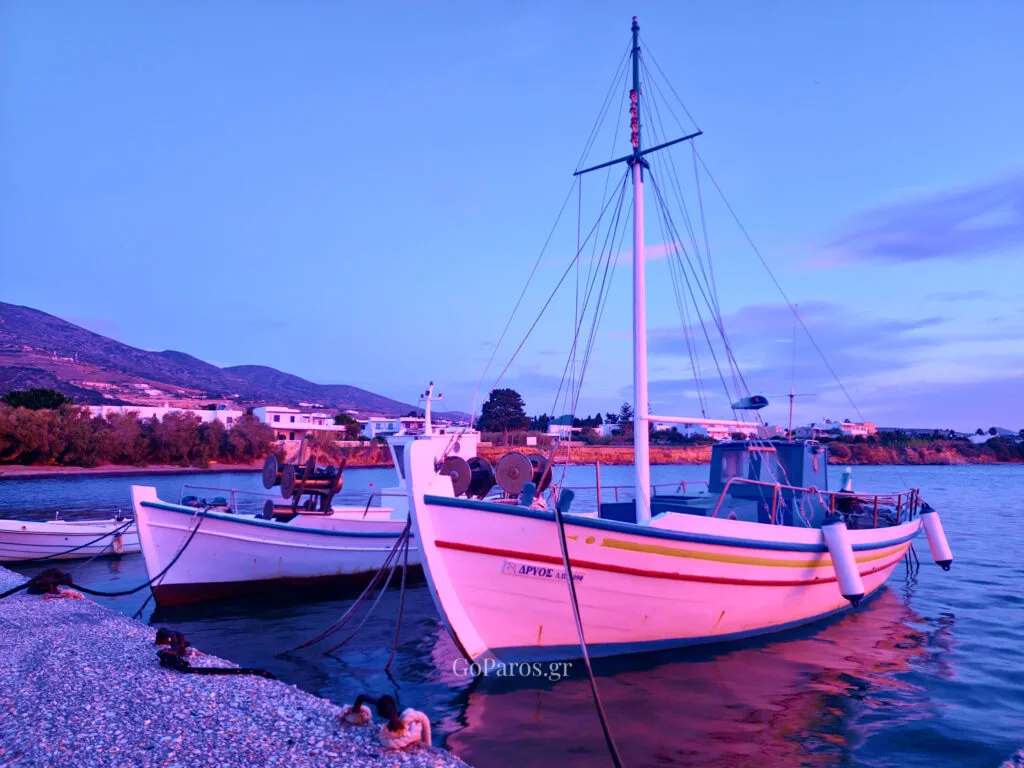 Drios, Paros, traditional fishing boats tied to the quay at sunrise with still water reflections