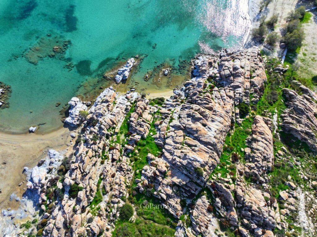 Aerial coastline view at Kolymbithres Beach, Paros with a long sandy strip and clear sea