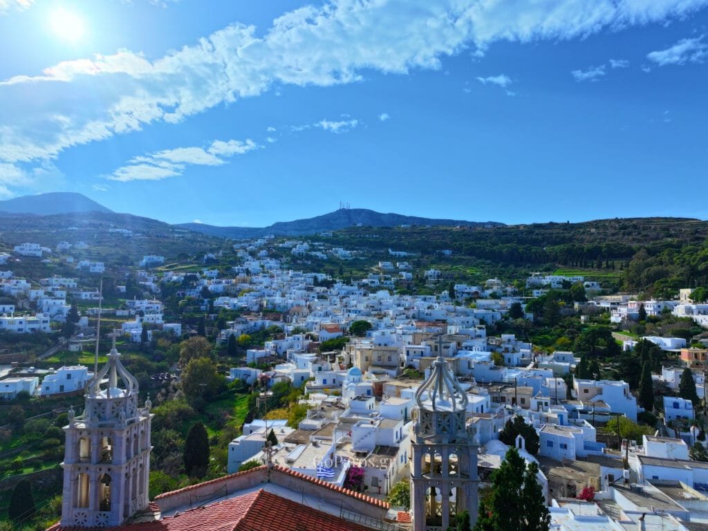 Lefkes, Paros drone shot from behind the church overlooking the whole village up the hill