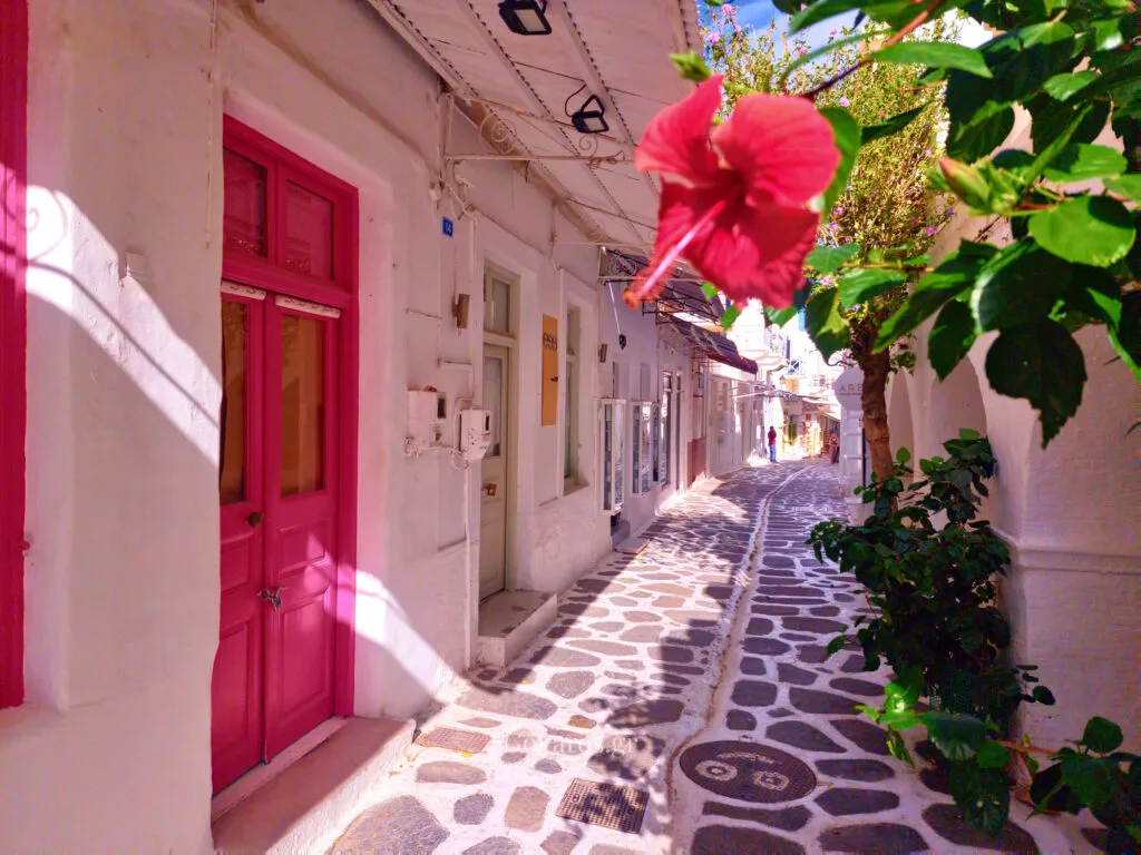 Parikia, Paros, whitewashed lane with a pink door and hibiscus flower in the foreground