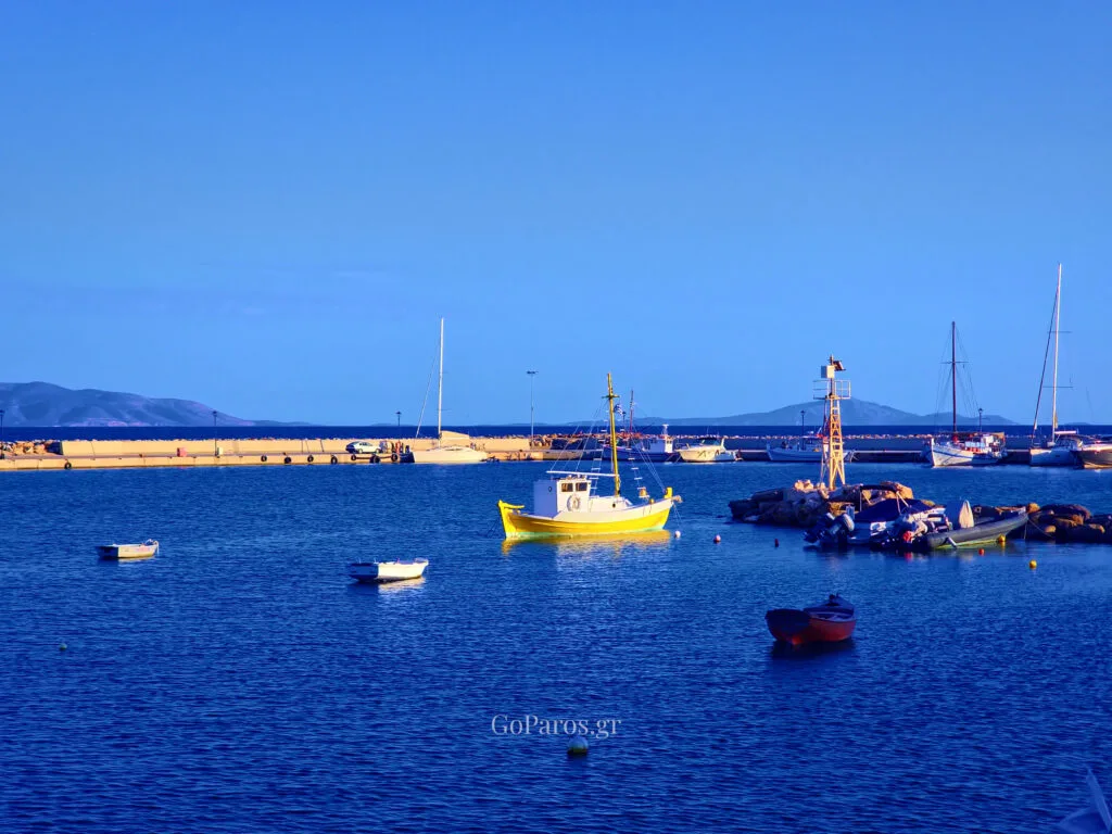 Piso Livadi, Paros, aerial view of the port and boats
