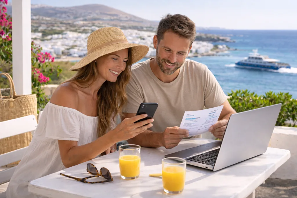 Couple booking a taxi transfer in Paros, Greece, on a terrace with sea view and ferry in the background