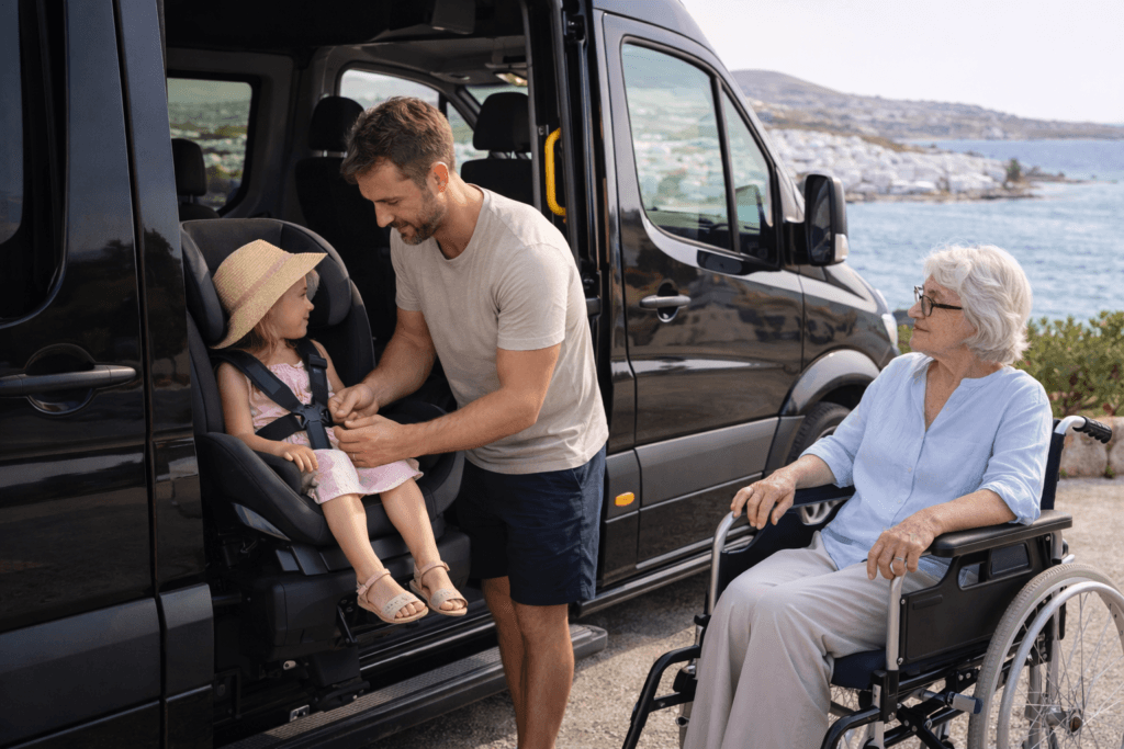 Child car seat and wheelchair assistance for an accessible taxi transfer in Paros, Greece