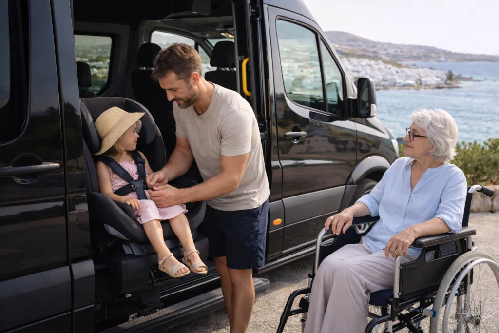 Child car seat and wheelchair assistance for an accessible taxi transfer in Paros, Greece