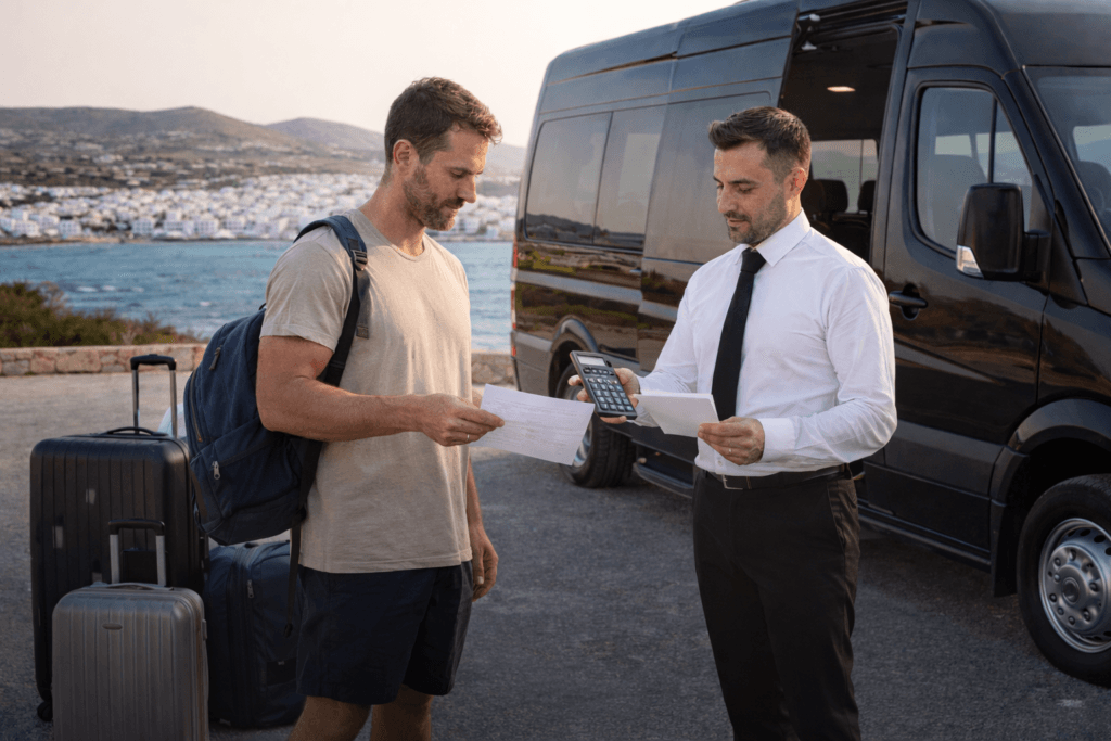 Customer reviewing a transfer quote with a driver beside a black van in Paros, Greece
