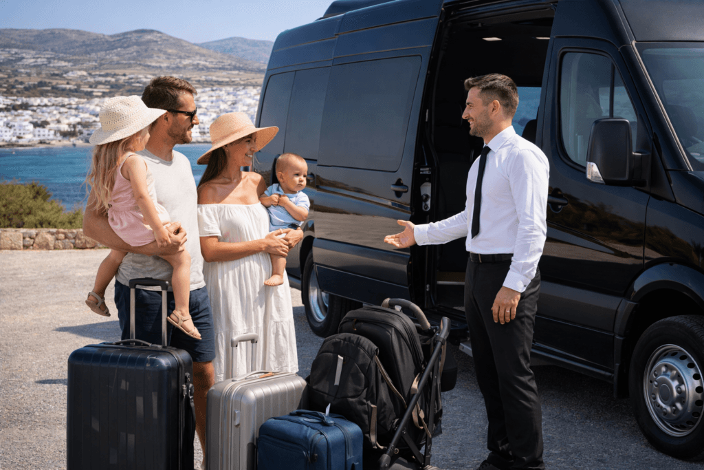 Family meeting driver for a pre-booked transfer in Paros, Greece, beside a luxury van and luggage