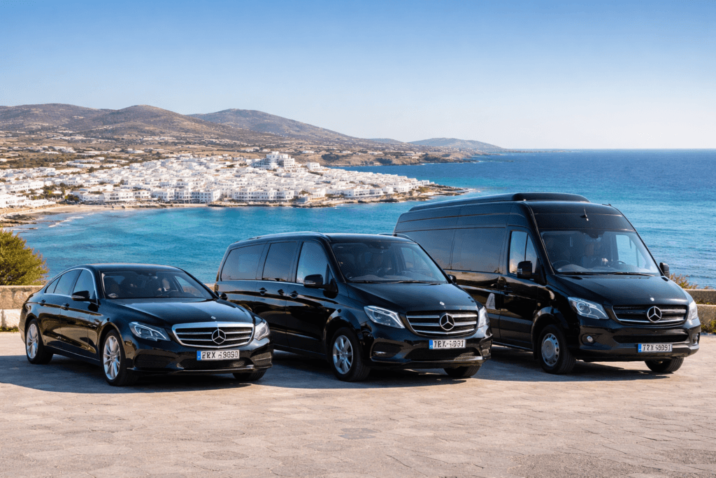 Luxury sedan, van and minibus for taxi transfers in Paros, Greece, with coastal village view