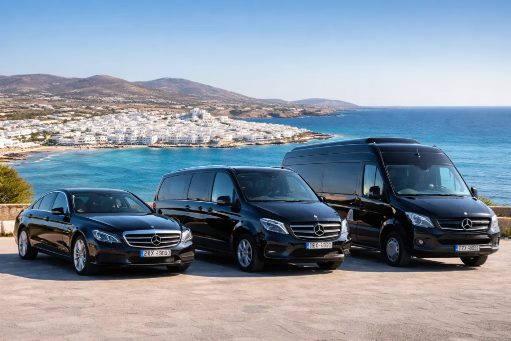Luxury sedan, van and minibus for taxi transfers in Paros, Greece, with coastal village view