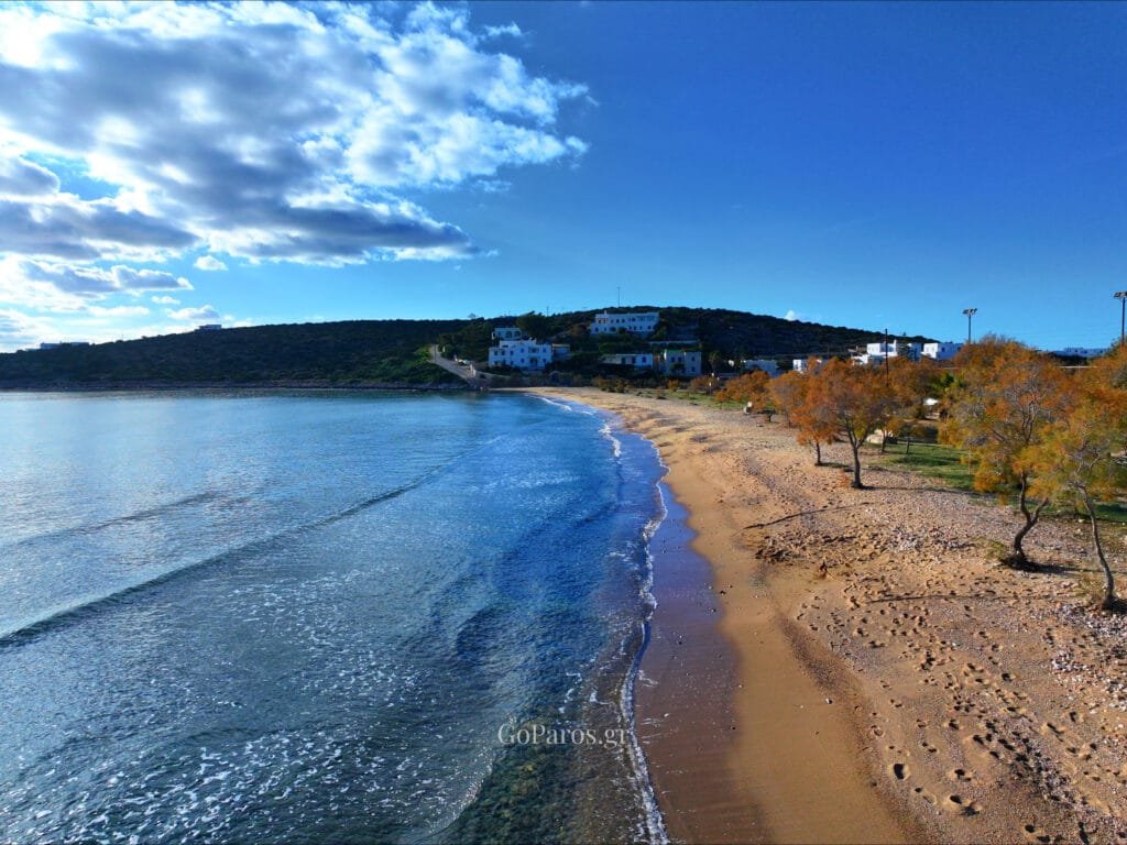 Agios Nikolaos Beach, Aliki, Paros, long shoreline with trees and calm sea on a clear day