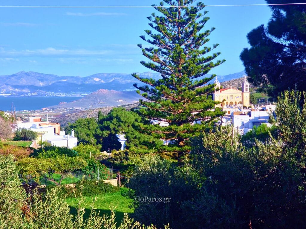 Lefkes, Paros, panoramic view of the village with the sea and hills in the background