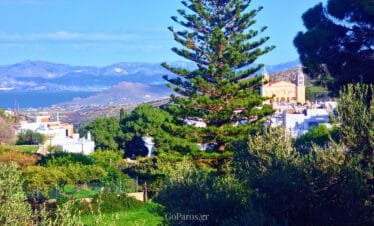 Lefkes, Paros, panoramic view of the village with the sea and hills in the background
