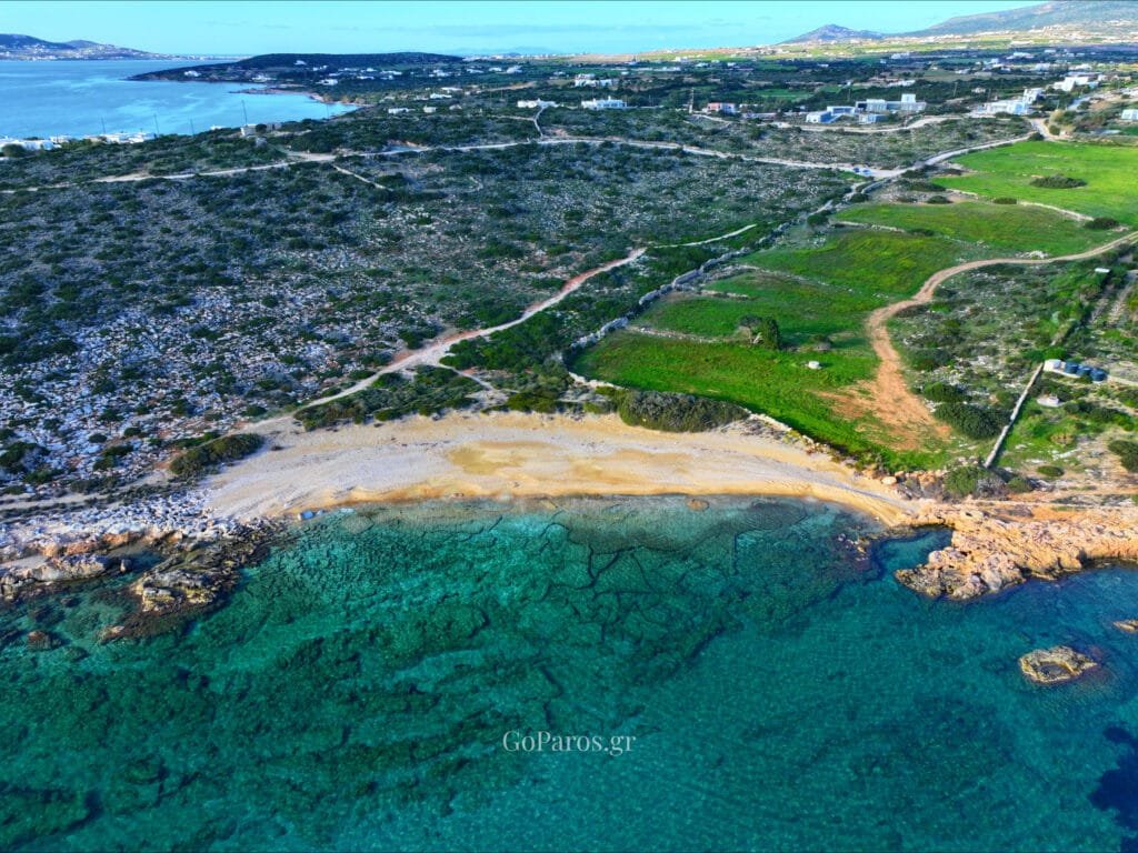 Makria Miti Beach, Paros, wide drone view showing turquoise shallows, the beach, and green fields inland