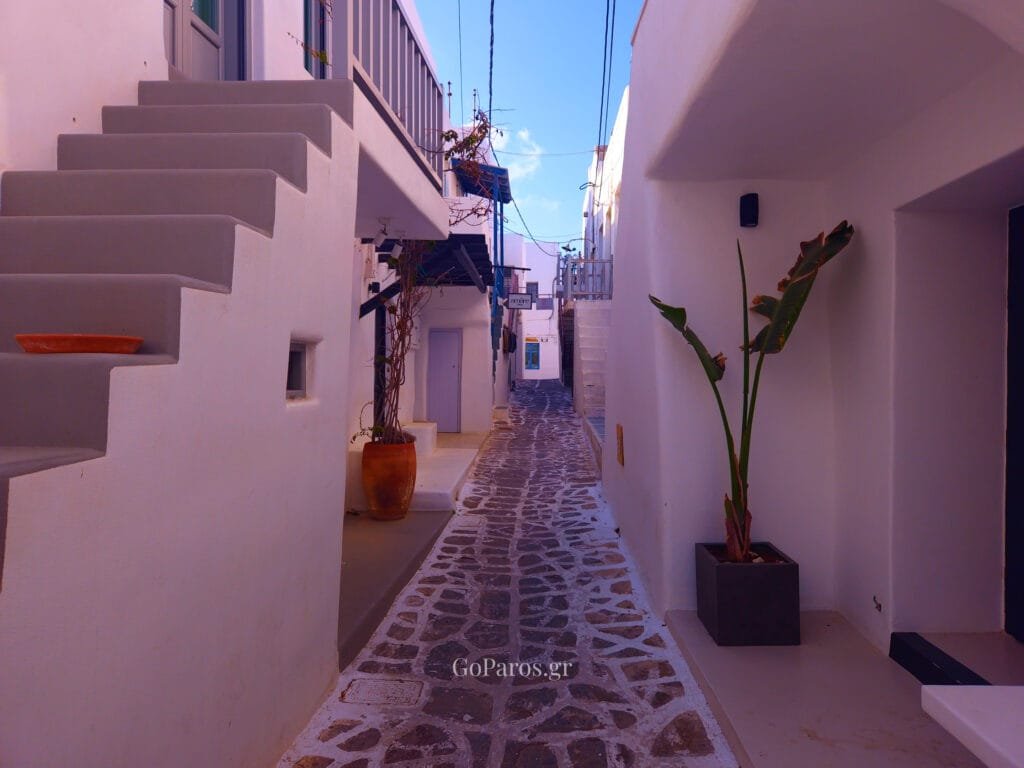 Naoussa, Paros, quiet white alley with stone path, steps, and a potted plant