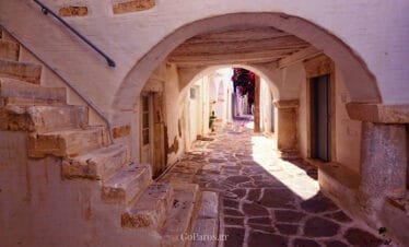 Parikia old town, Paros, arched passage and cobblestone alley