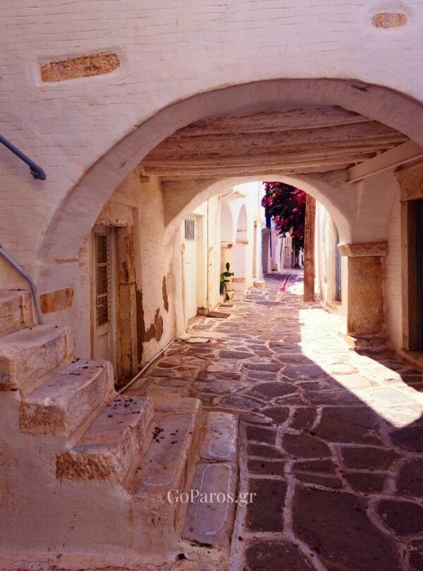 Parikia old town, Paros, arched passage and cobblestone alley