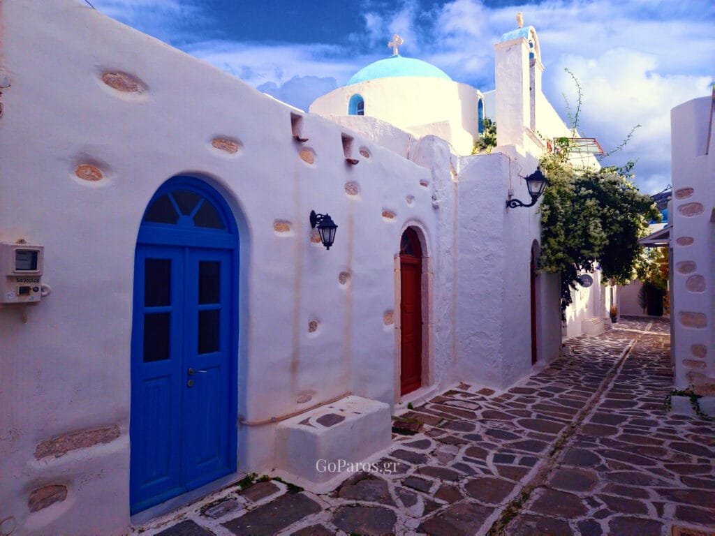 Parikia, Paros, small white chapel with blue dome