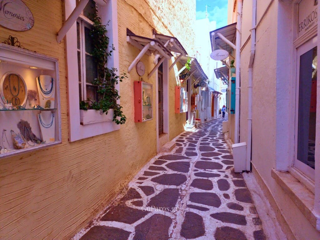 Parikia old town, Paros, narrow shopping alley with boutiques