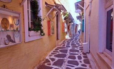 Parikia old town, Paros, narrow shopping alley with boutiques