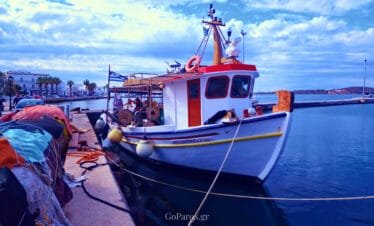 Parikia port, Paros, traditional fishing boat moored at the harbor
