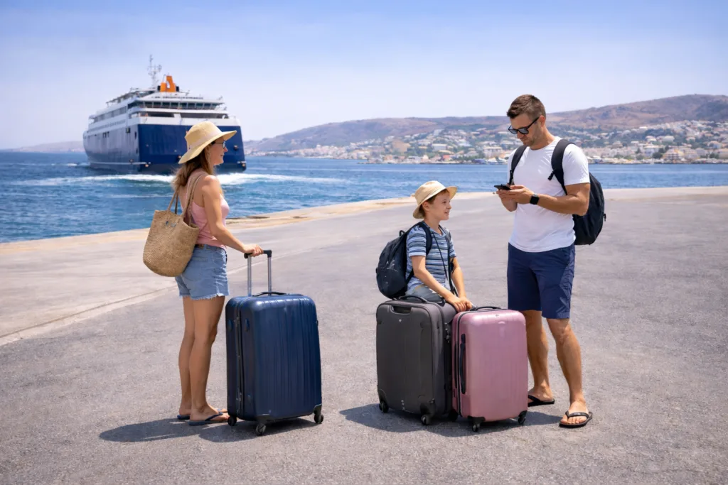 Parikia Port taxi transfer pickup in Paros, travelers with luggage by the ferry terminal, easy booking for Naoussa and top areas.
