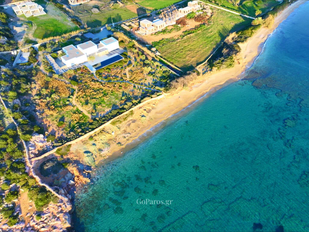 Voutakos Beach, Paros, aerial view of the long coastline and calm bay water