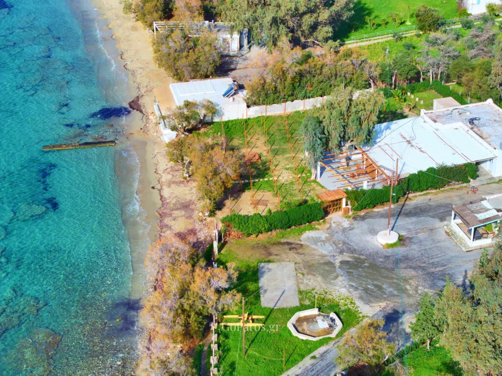 Aerial view of the shoreline and nearby property along Krios Beach, Paros.
