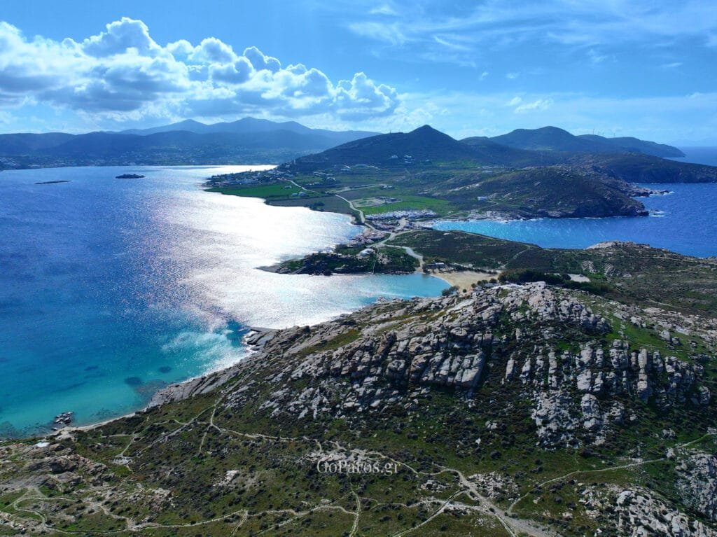 Panoramic view from Paros Park over the bays and hills, Paros.