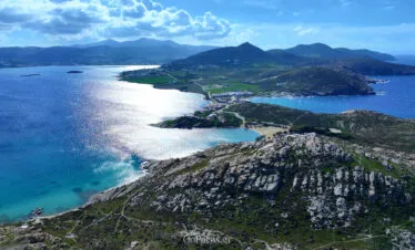 Panoramic view from Paros Park over the bays and hills, Paros.