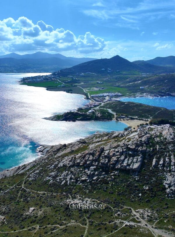 Panoramic view from Paros Park over the bays and hills, Paros.