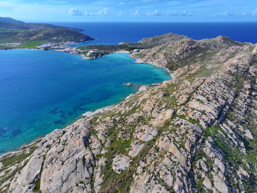 Aerial view of the Paros Park peninsula ridge and turquoise bays, Paros.