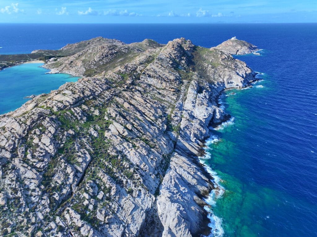 Aerial view of the rocky Paros Park coastline and clear water, Paros.