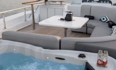 Private yacht cruise in Paros, aft deck lounge and jacuzzi on Akhir 27.