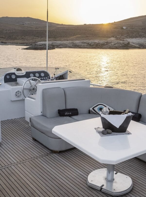Akhir 27 yacht in Paros, sundeck seating and helm area.