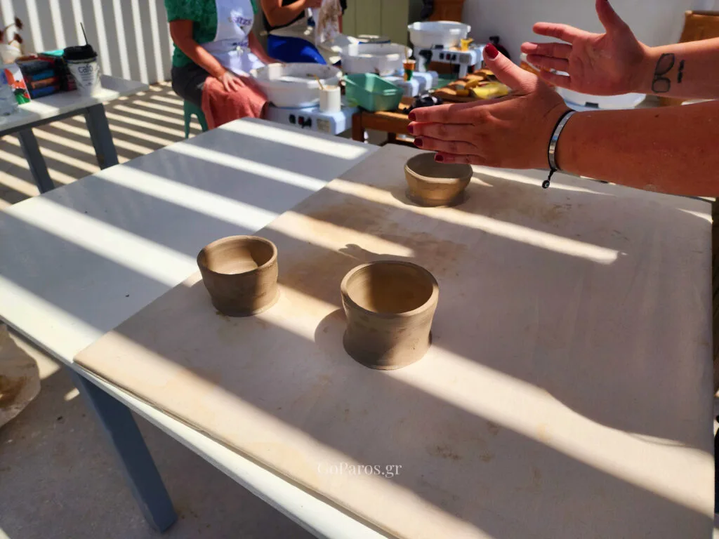 Small clay cups made on the pottery wheel during a Paros pottery workshop