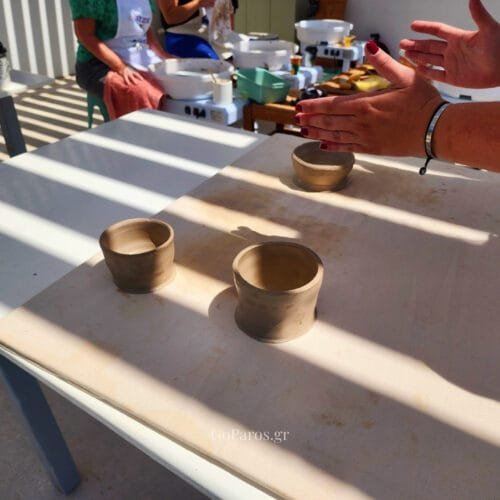 Small clay cups made on the pottery wheel during a Paros pottery workshop