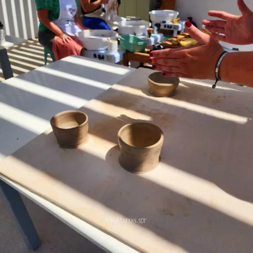 Small clay cups made on the pottery wheel during a Paros pottery workshop