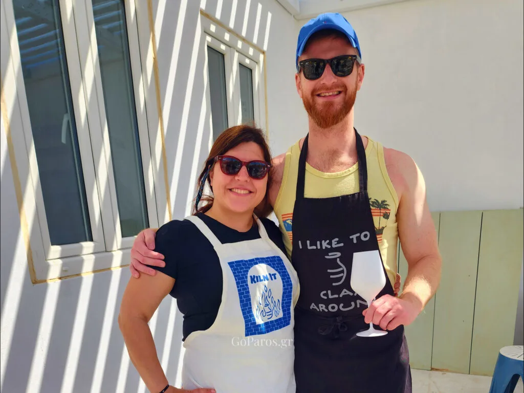 Guest and pottery instructor after a pottery workshop on Golden Beach in Paros