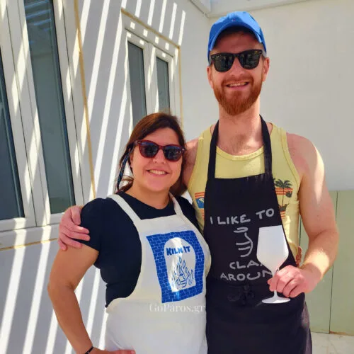 Guest and pottery instructor after a pottery workshop on Golden Beach in Paros