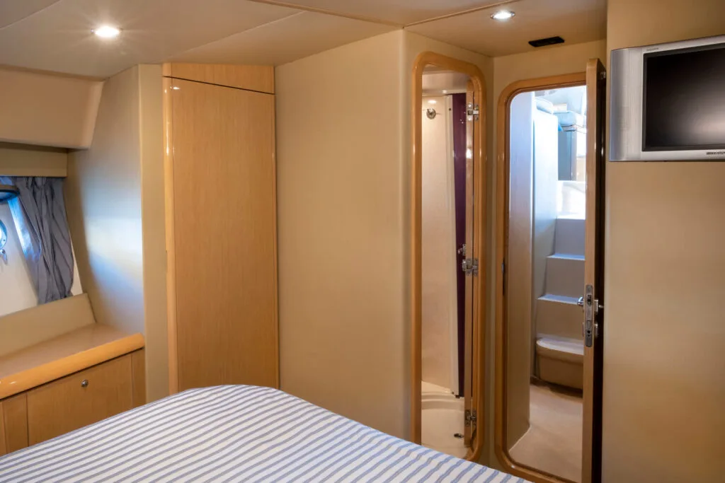 Master cabin doorway and ensuite on a Ferretti 46 yacht in Paros.