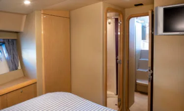 Master cabin doorway and ensuite on a Ferretti 46 yacht in Paros.