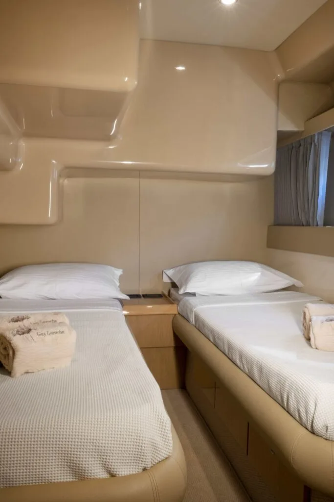 Twin cabin on a Ferretti 46, private yacht cruise in Paros.